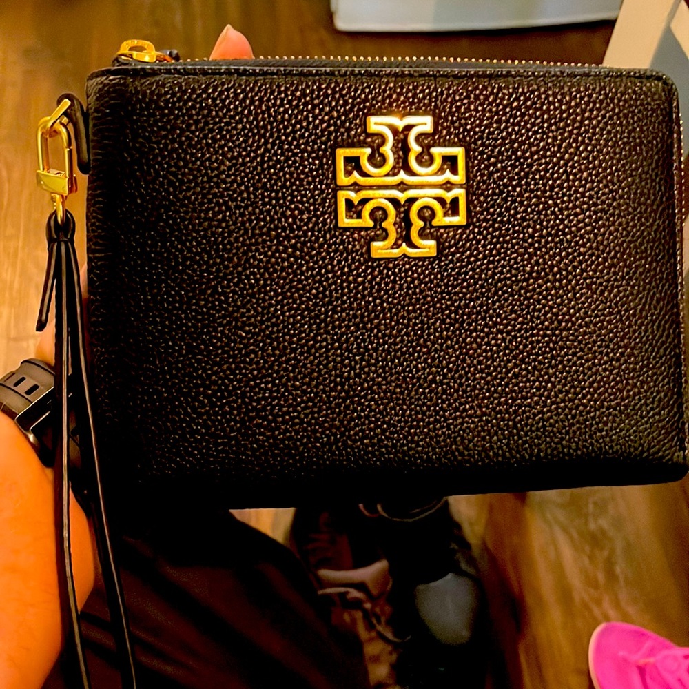 Tory Burch , black pebble leather large zip wristlet